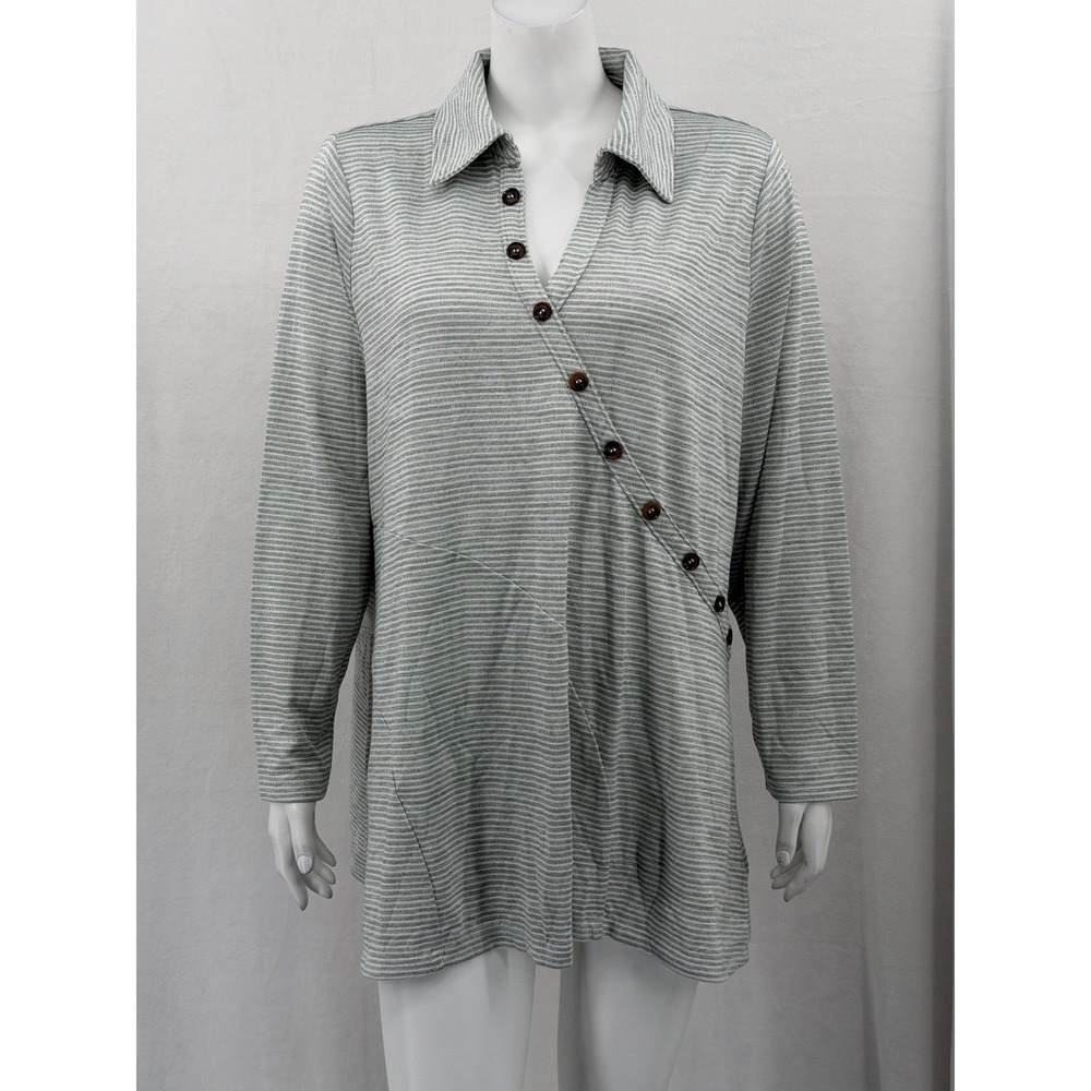 Soft Surroundings Top Womens 2X Green Stripe Tamara Tunic Sheer V-Neck Stretch‎